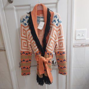 MOTHER The Belted Short Fringe Orange Cardigan